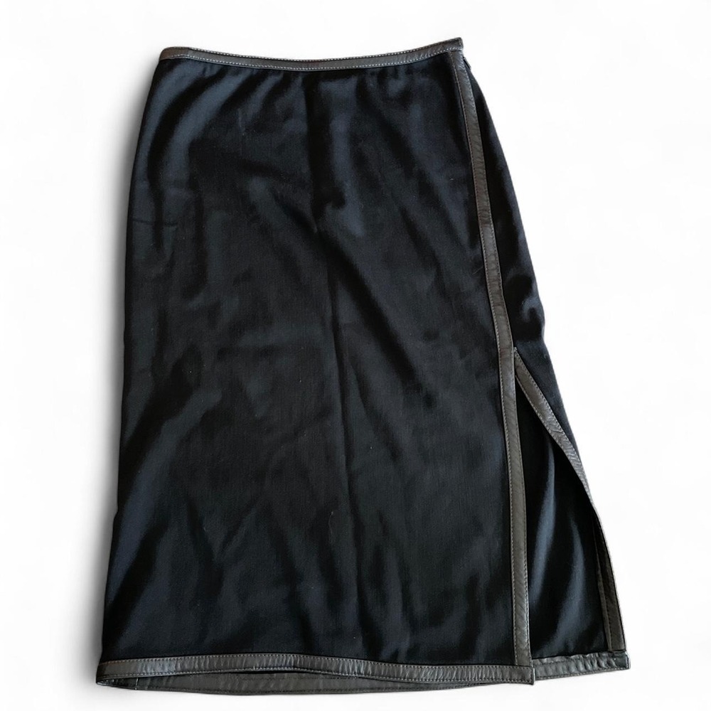 Black DKNY Wool Midi Office Siren Skirt Leather Trim Sz 2